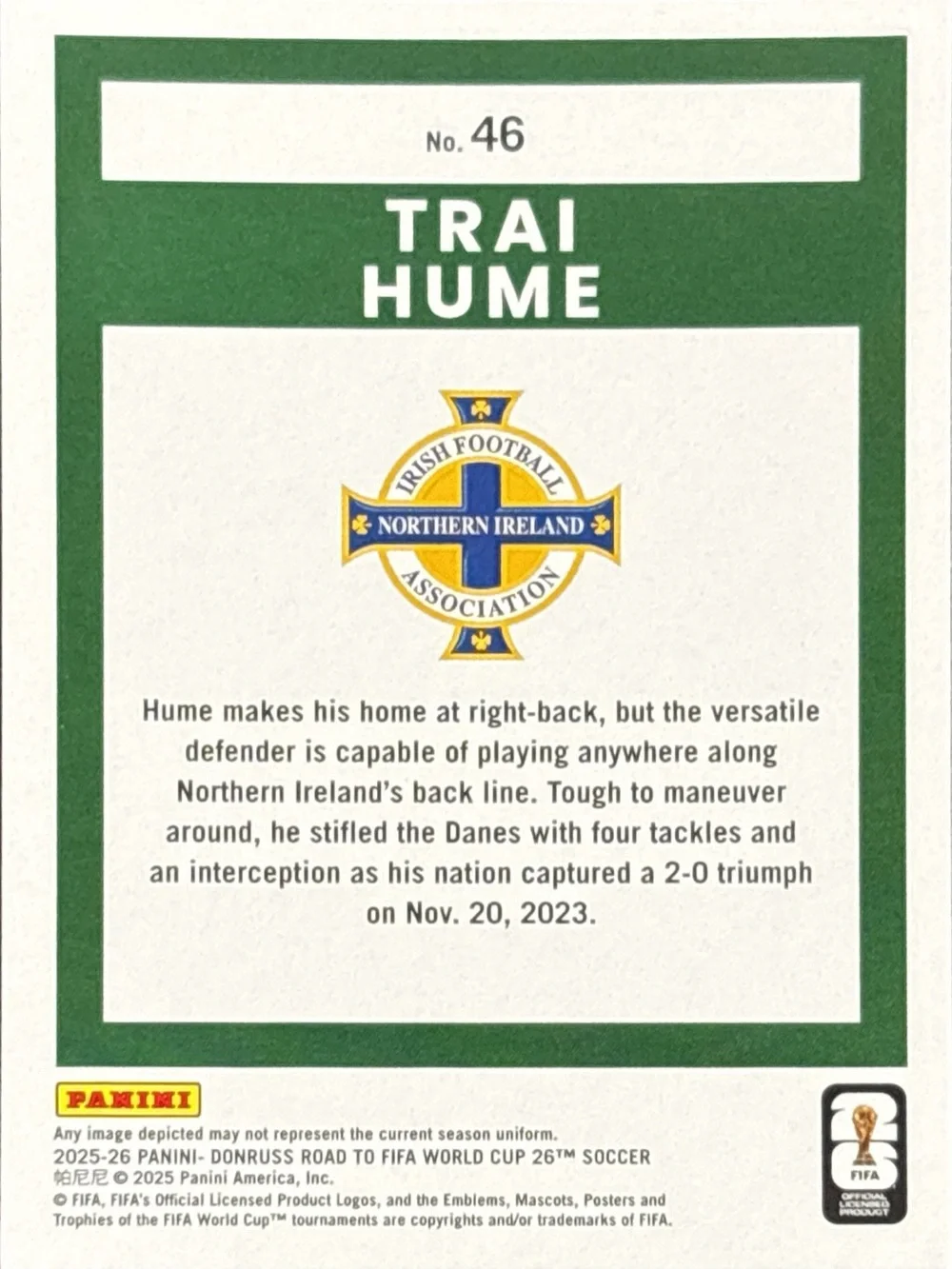 Panini Donruss World Cup Trai Hume Northern Ireland Rookie Soccer Trading Card